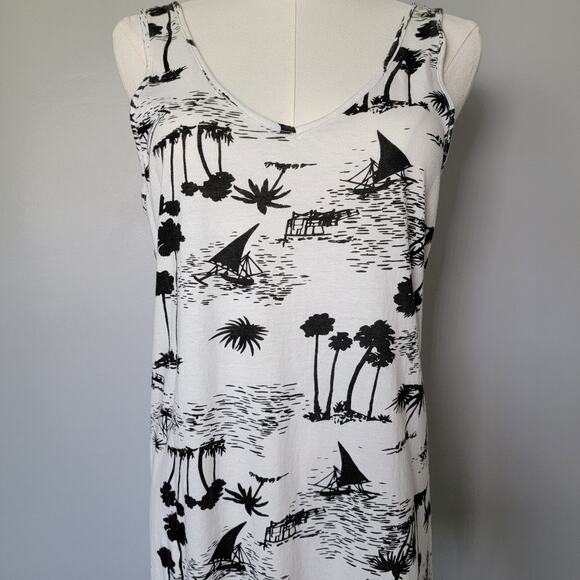 Lagaci Fringe Tank Top Women M Black White Tropical Palms Cover Up Casual Cotton - Picture 2 of 10